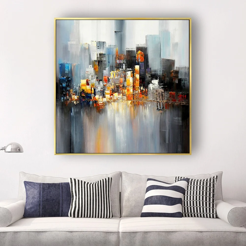 Hand Painted Canvas Wall Picture Abstract Landscape Oil Painting Square Wall Art Paintings Decor Living Room Interior City View