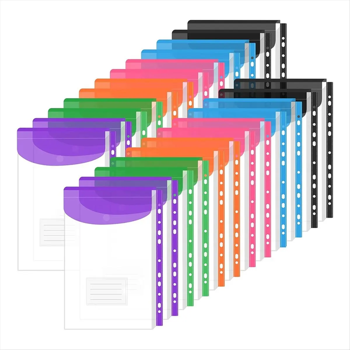 Suitable 24-Pack Binder Pockets with 11 Holes - Expandable, Snap Button & Label, for School Home Office