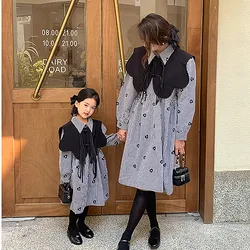 2022 New Mommy And Daughter Autumn Dress Women's Long Sleeve Dresses With Shawl Baby Girls Ong Piece Clothing Mom And Me Outfits