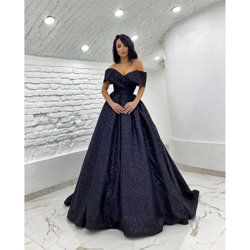 Dark Navy Evening Dresses elegant off shoulder sequins Formal Occasions Prom Dress for Special Occasion Robe De Soiree