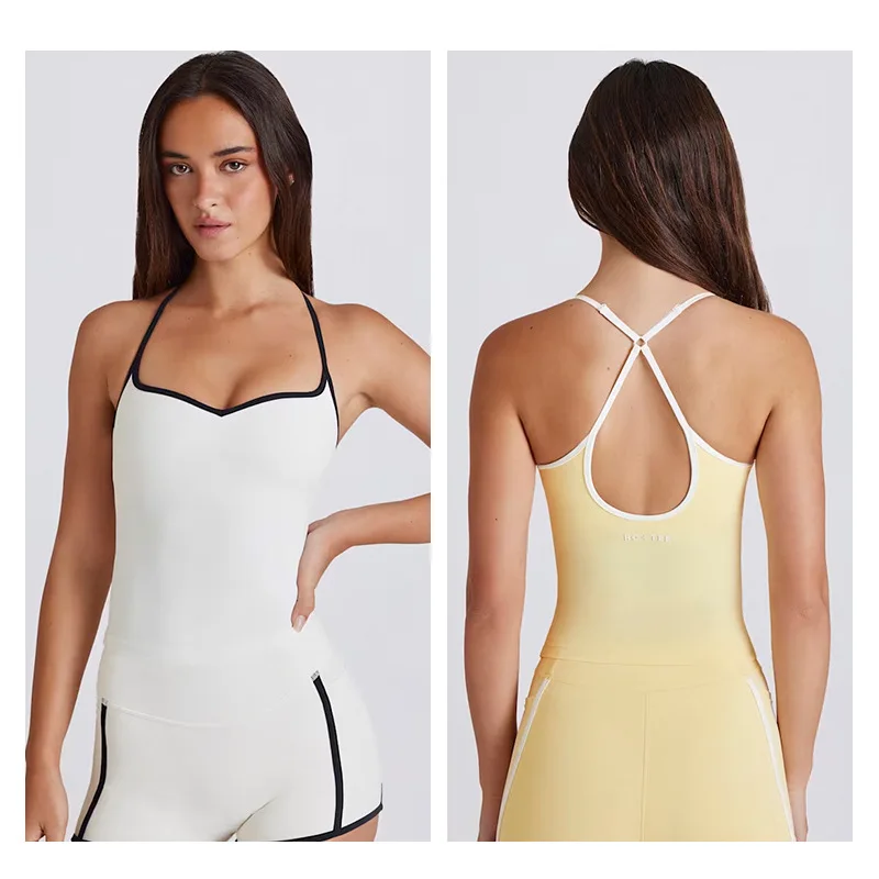 

Women's Yoga Pilates Fitness Suit Slim Shoulder Straps Contrasting White Stripes Bra Cloud Like Feeling Vest Leggings Shorts Set