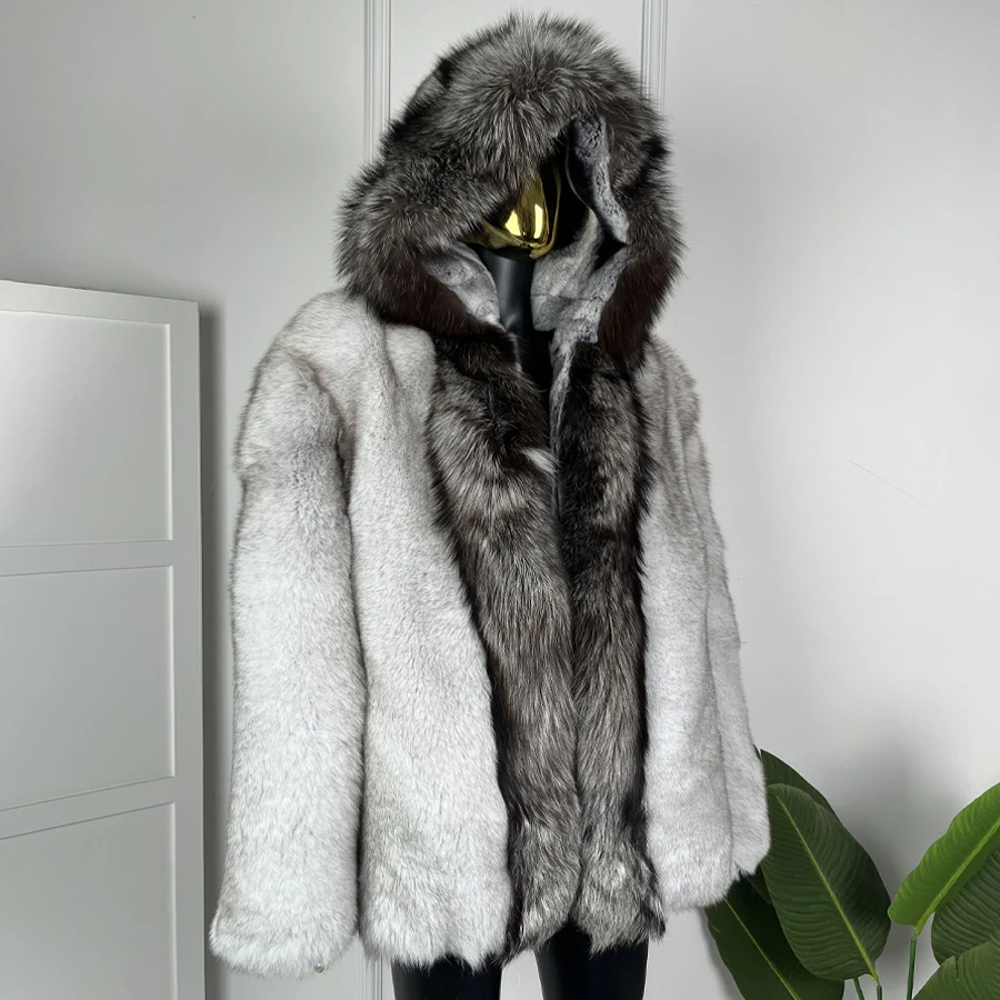 

Real Fox Fur Zippered Jacket With Silver Fox Fur Trim Hooded Fox Fur Jacket With Rex Rabbit Fur Lining New Man's Winter Jacket