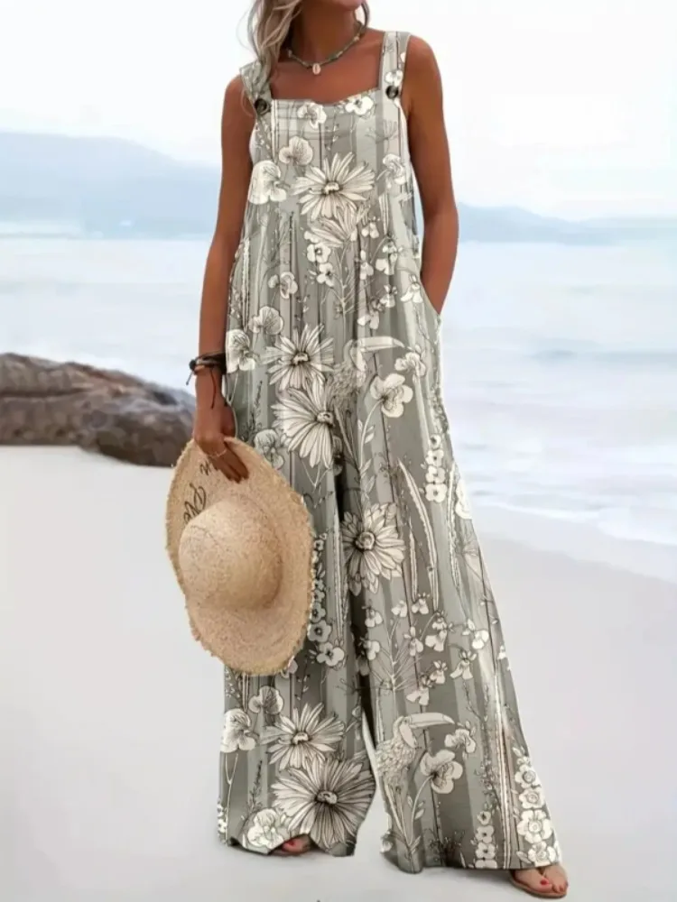 

Женский комбинезон размера плюс 1XL-5XL, модный свободный элегантный комбинезон с цветочным принтом, женский повседневный комбинезон с широкими штанинами на подтяжках