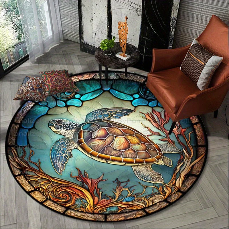 1 Stück runder Teppich mit Korallenschildkrötenmuster, rutschfeste Bodenmatte für Wohnzimmer, Schlafzimmer, Badezimmer, Ferienhausdekoration