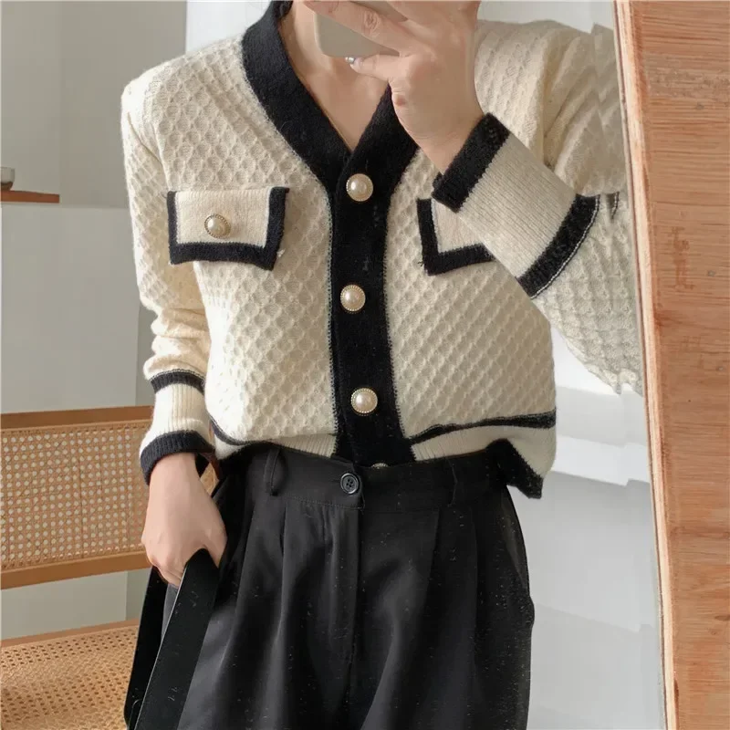 OCEANLOVE Short Cardigans Women V Neck Office Lady Vintage Korean Elegant Sweaters Contrast Color Autumn Winter Chaquetas