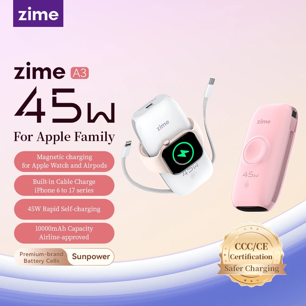 شاحن Zime 3 في 1 اللاسلكي المحمول بقوة 10000 مللي أمبير في الساعة مع حامل حلقي بحجم صغير لسلسلة Apple وساعة Apple