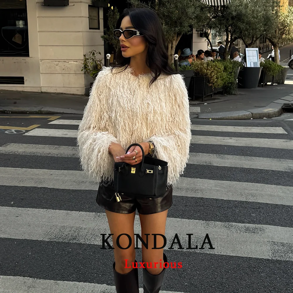 سترات نسائية مثيرة أنيقة بشراشيب بيضاء من KONDALA معاطف قصيرة بأكمام طويلة ورقبة دائرية موضة خريف 2025 ملابس خروج نسائية للحفلات