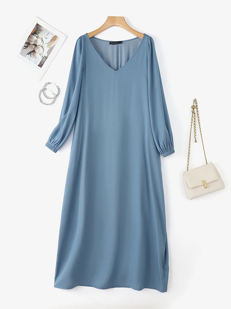 ZANZEA mujeres Denim-azul vestidos largos de fiesta moda suelta cuello pico manga larga abombada Maxi vestido de gran tamaño 2026 primavera mujer bata 3XL