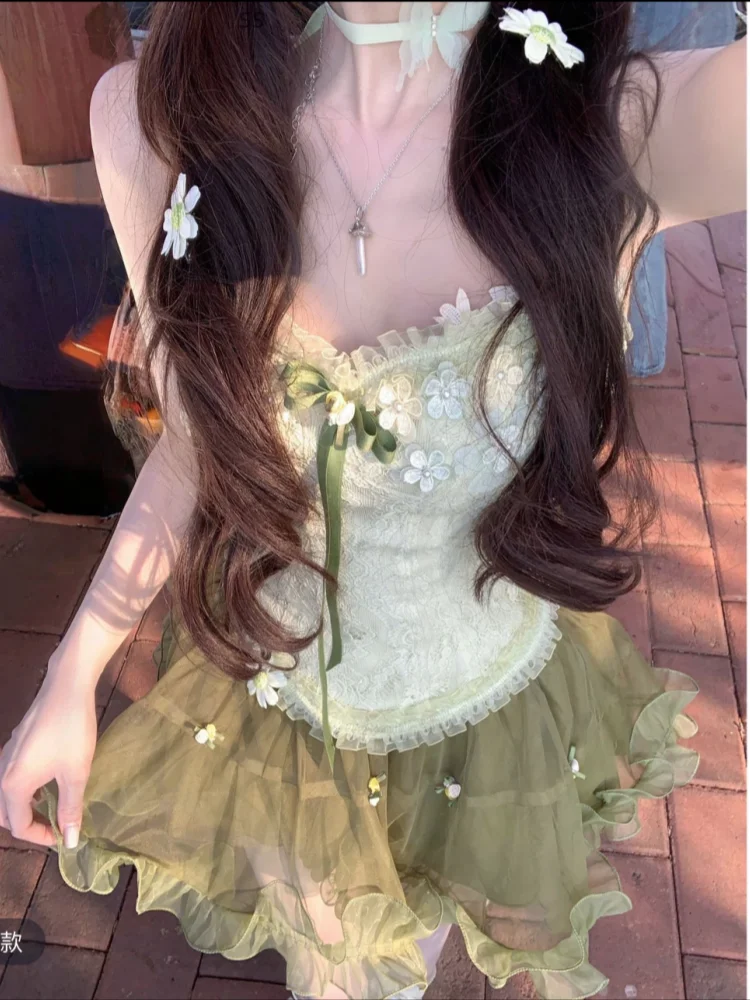 2025 sommer Retro Süße 2-teiliges Set Frauen Y2k Bogen Blume Camislo + Elastische Mini Rock Weiblichen Koreanischen Design elegante Chic Outfits