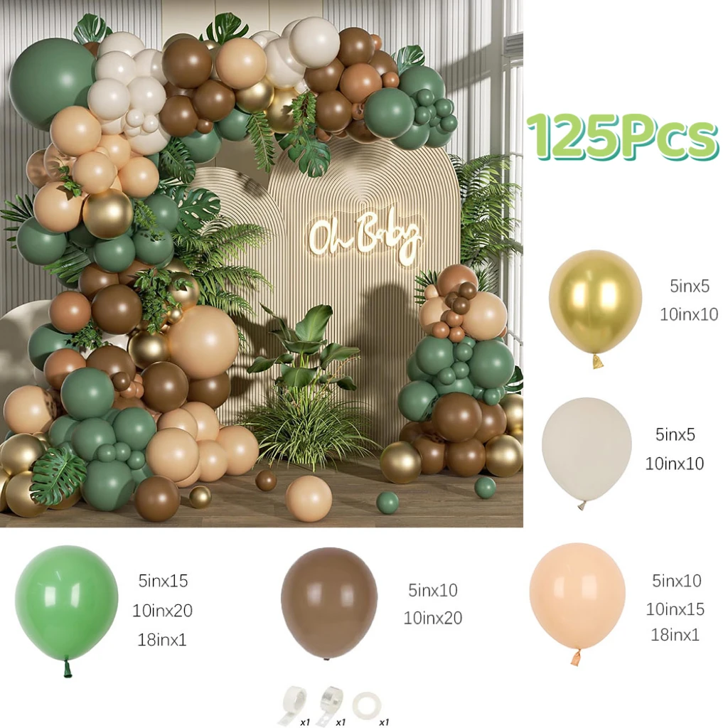 125Pcs Sage Green Brown Balloon Garland Arch Kit for Birthday Party Jungle Safari Woodland Wedding Baby Shower Party Decorations view 2