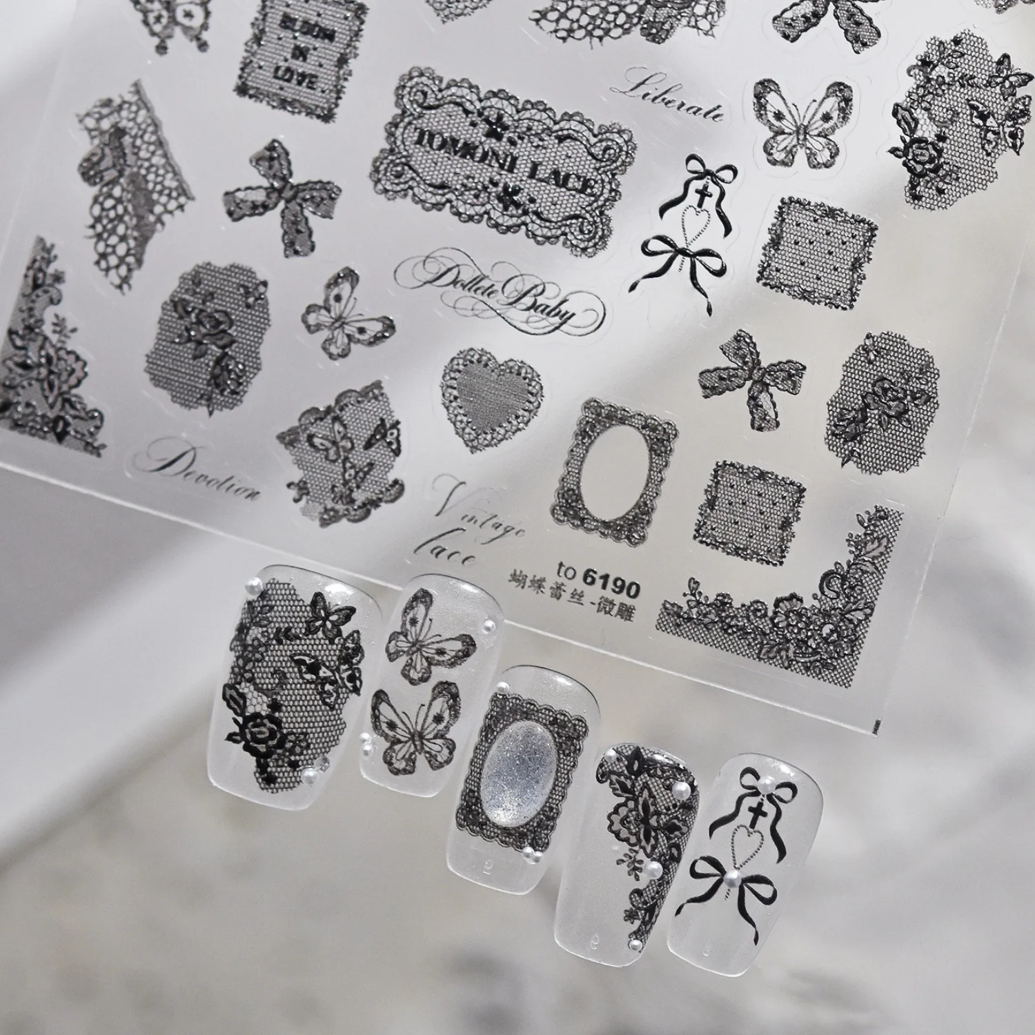 Elegant French 5D Nail Sticker Black White Lace Frame Bow Knot Cursive Text Heart Butterfly Self Adhesive Vintage Romantic Nail