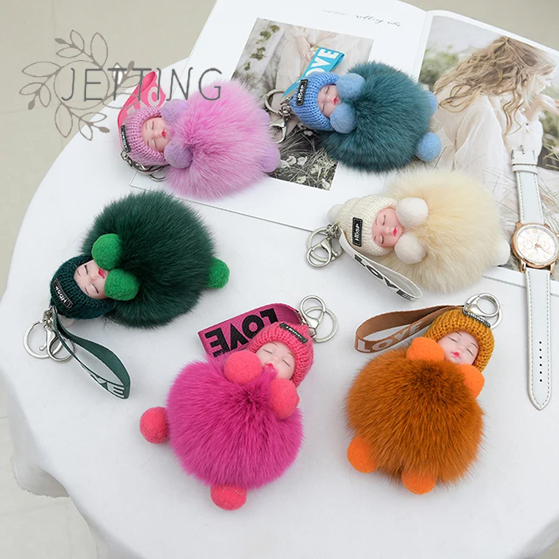 ホットポンポン寝ている赤ちゃんキーホルダーかわいいふわふわぬいぐるみキーホルダー女性ガールバッグキーリング車のキーリングギフト魅力的な装飾