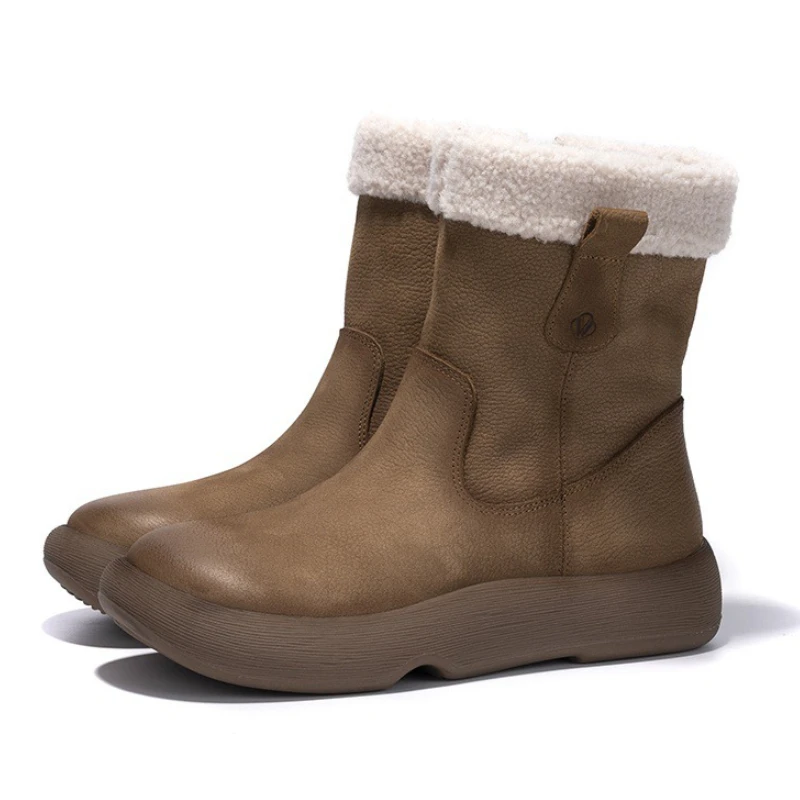 

Comfort Warm Fluffy Snow Boots Women Luxury Leather Sewing Side Zipper Designer Boots Vintage Brown Soft Leather Platform Boots