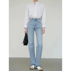 ZHISILAO Light Blue High Waist Straight Jeans Women Vintage Classic Blue Full Length Longer Jeans Spring 2024