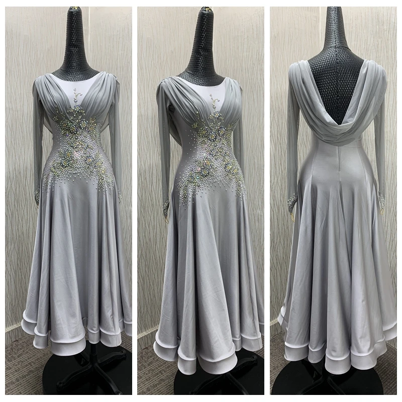 Ballroom Practise Dance dress practice dancewear one-piece for lesson dancing costume Waltz Dancewear Costume gray