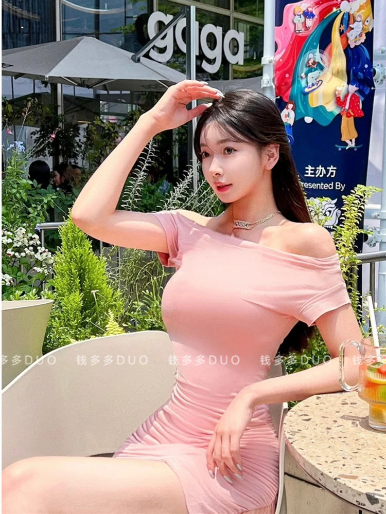 Süße heiße sexy ol elegante T-Shirt Mini kleid rosa Mode koreanische Frauen Tops Sommer unregelmäßige dünne Mädchen weiblich m871