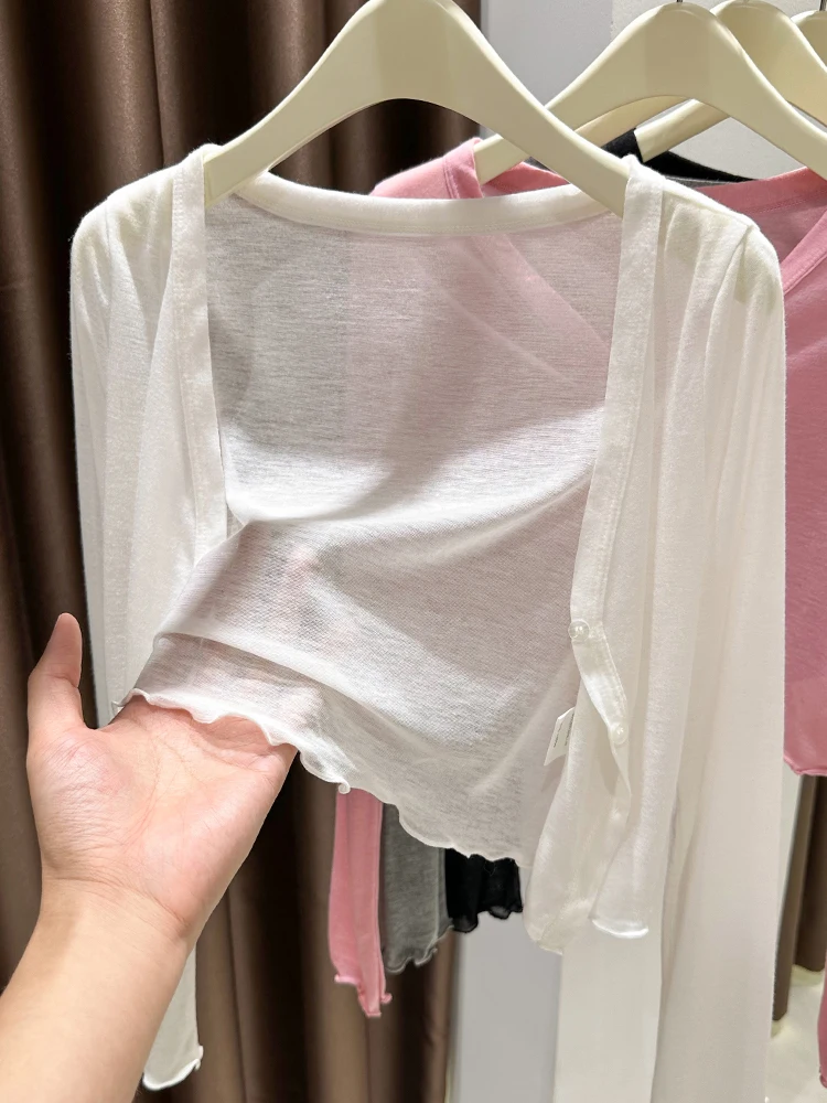 

Новый кардиган из ледяного шелка с открытыми плечами и топом на бретельках, женский, тонкий, летний, с длинными рукавами, накидка, короткий рукав, лиоцелл, размер S