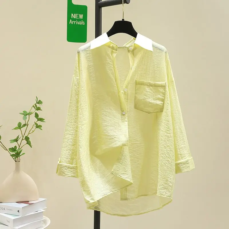 Women\'s Korean Style Simple Button Sunscreen Cardigan Summer Lapel Long Sleeve Oversized Thin Shirt Solid Irregular Tunic Blouse