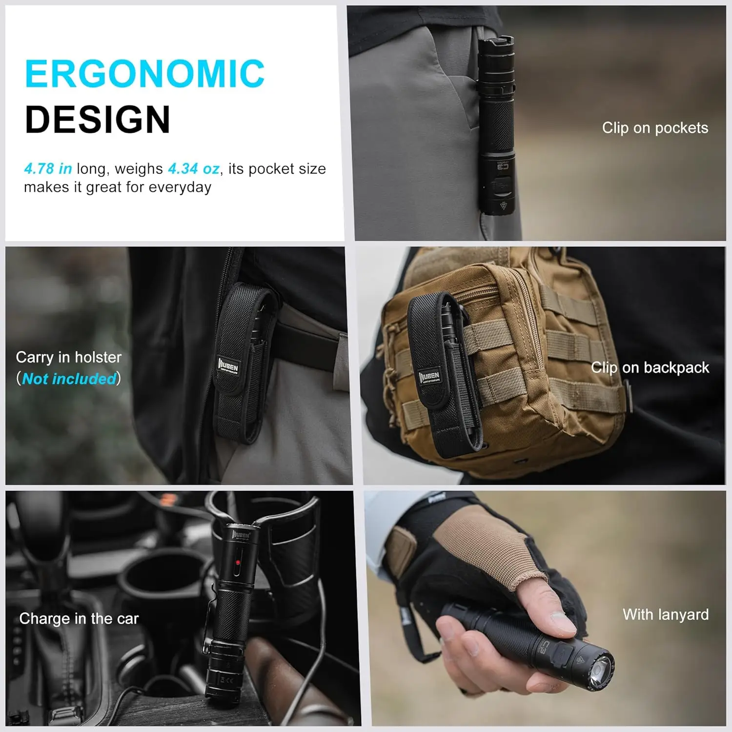 WUBEN C3 Flashlight 1200 High Lumens Rechargeable Flashlight 6 Modes IP68 Waterproof LED Tactical Flashlight for Camping Hunting