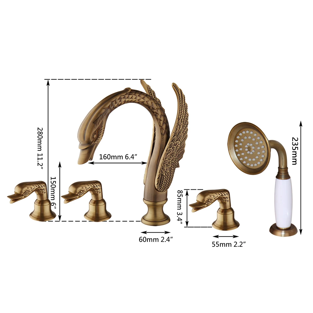 Torayvino Widespread Swan Bathroom Faucet Mounted 3 Handle Swan Bathtub Mixer Water Tap Set With Pull Out Handshower Head Set