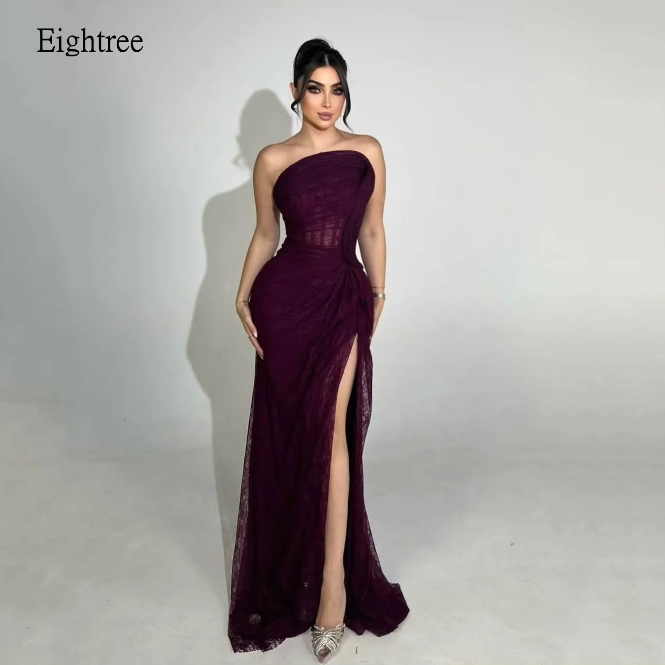 

Eightree Saudi Strapless Mermaid Prom Dresses Sleeveless Party Gowns Lace Side Slit Floor Length Evening Dress Gown Customized