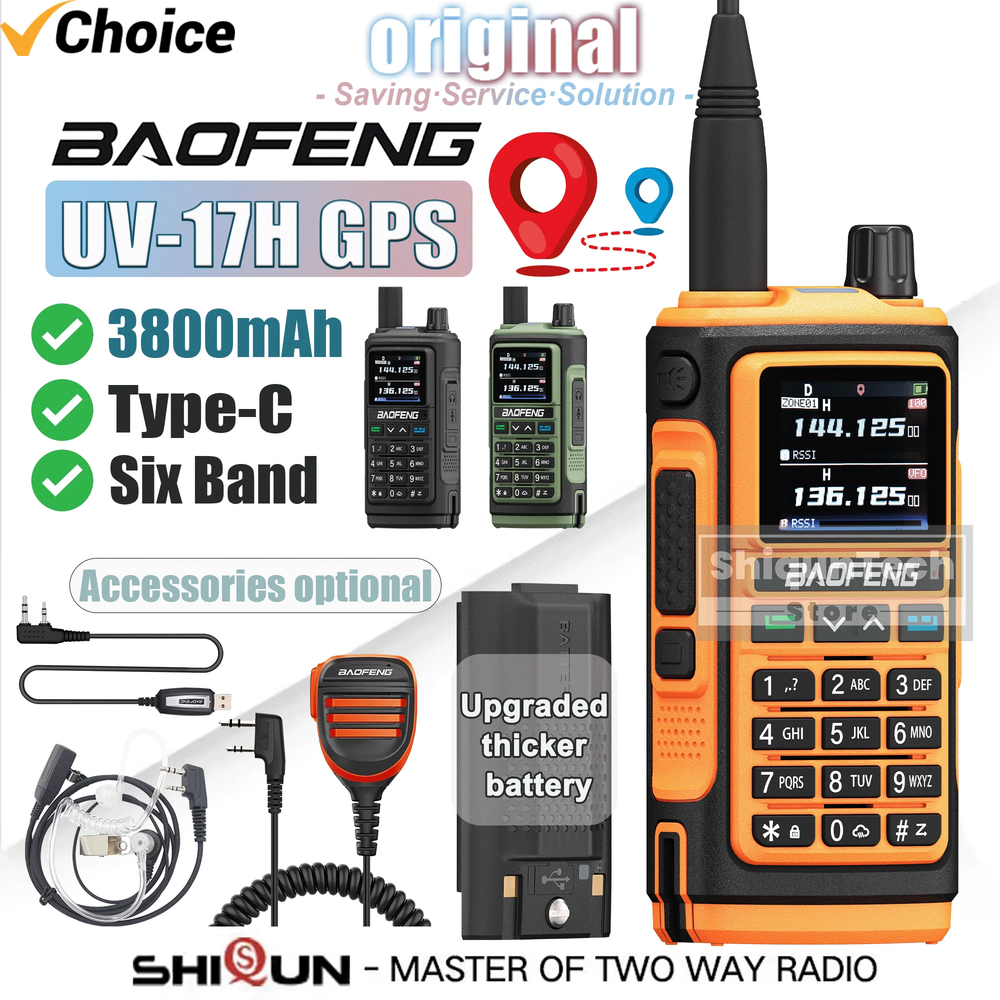 Baofeng UV-17H Walkie Talkie GPS 3800mAh Thickened Battery Type-C Charging Six Band UHF VHF FM AM NOAA 999CH Upgrade UV-17 Radio