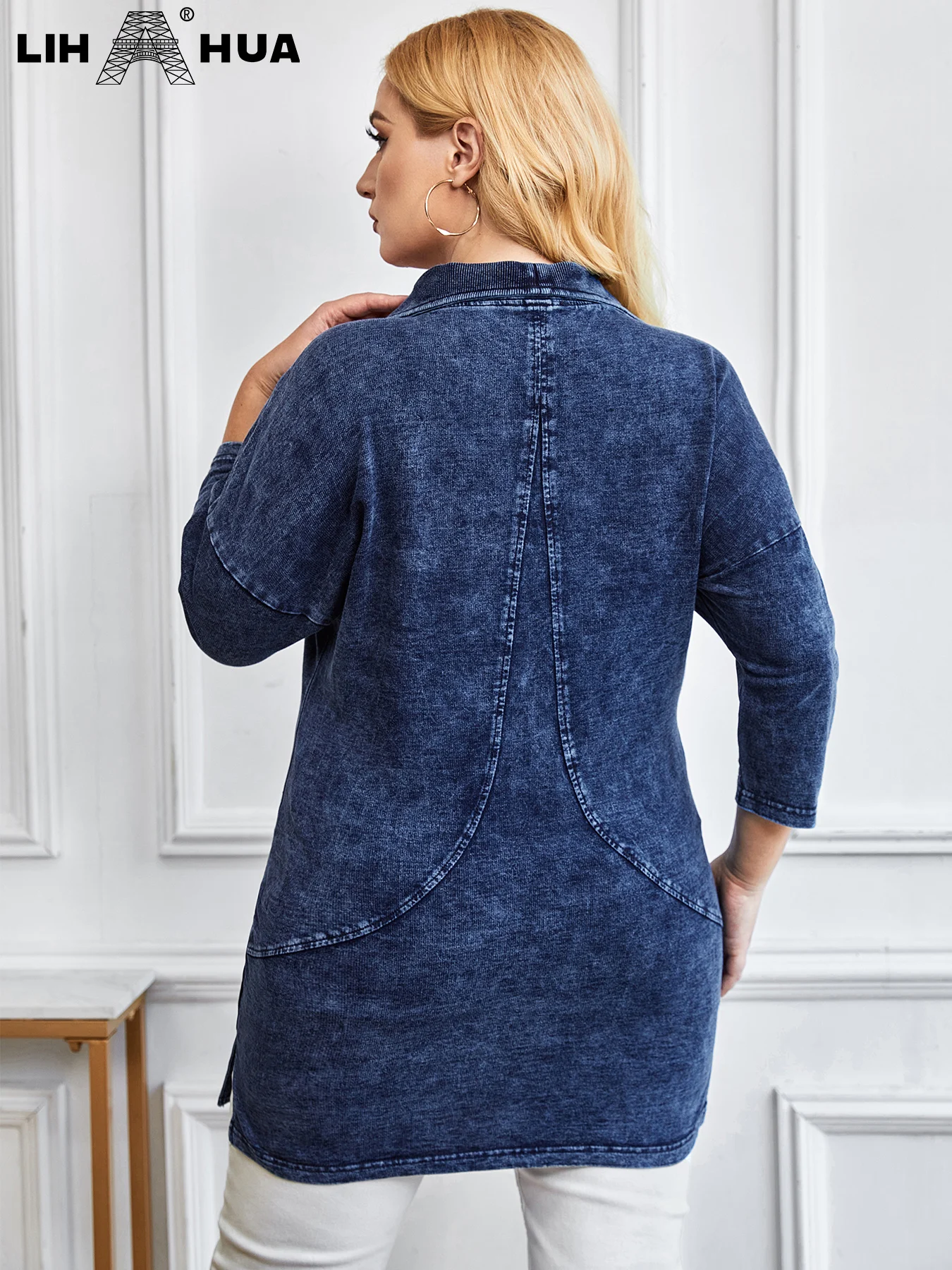 LIH HUA damska Plus Size kurtka dżinsowa na co dzień długi styl Slim kurtka dżinsowa dla kobiety Premium dzianinowe Denim