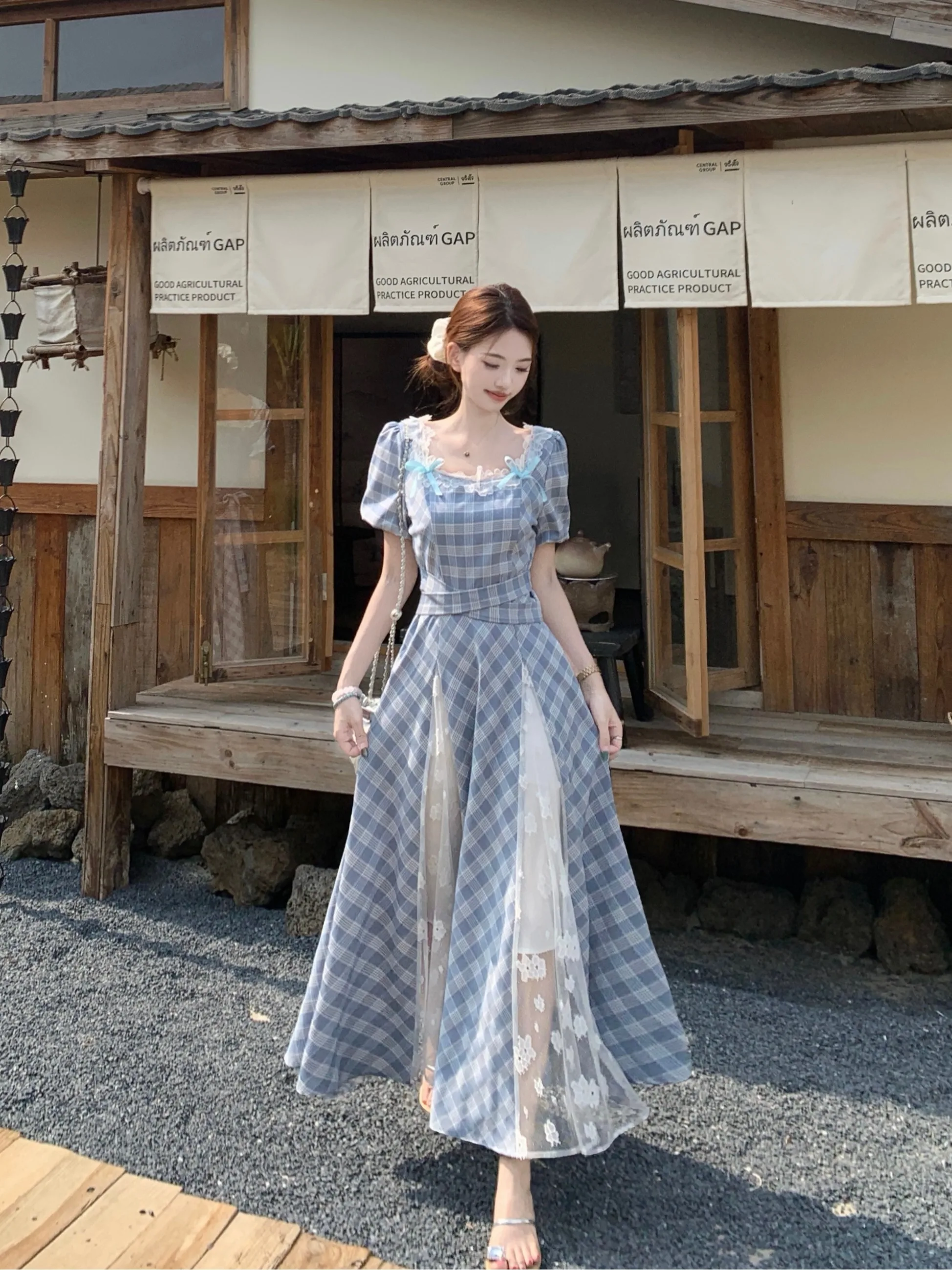 

plus Size Lace Patchwork Plaid Dress Slimming Waist Design Korean Style Commute A-Line Long Skirt for plus Size Women