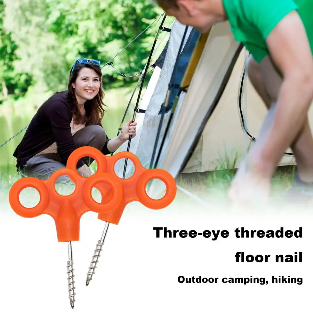 Three Eye Threaded Floor Nails Outdoor Plastic Ground Nails Stainless Steel Ground Anchors for Camping Hiking for Outdoor