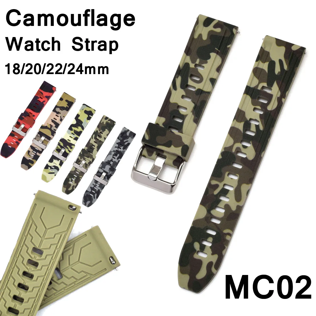 Camouflage Sports Silicone Watch Band 18mm 20mm 22mm 24mm Quick Release Rubber Watch Strap Universal Wristband Bracelet