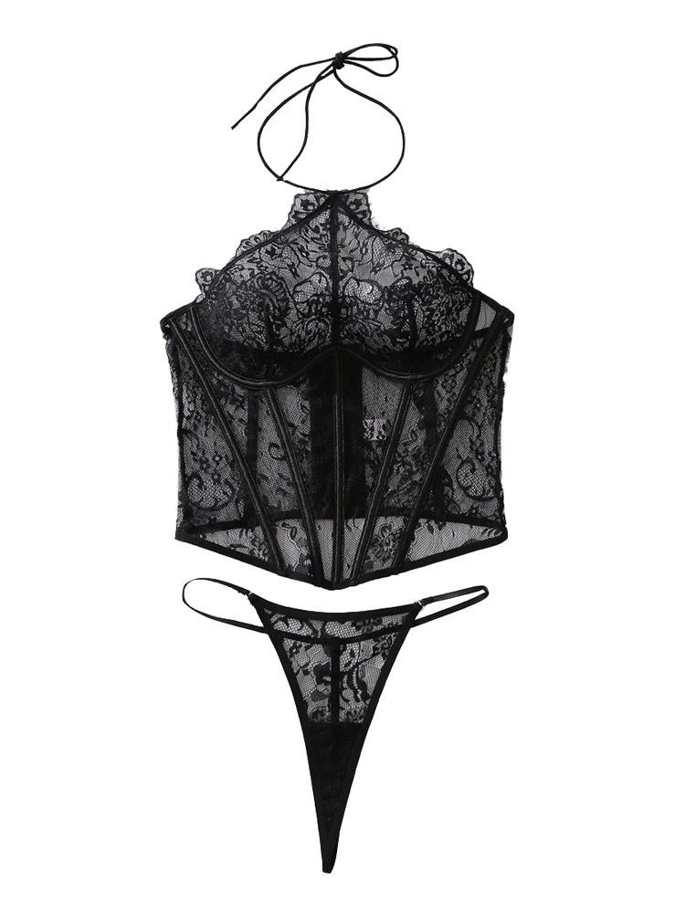 

Belamimi Women's Sexy Lingerie Bra Set Eyelash Lace Low Cut Corset Body Shaping Slimming 2 Pieces Set