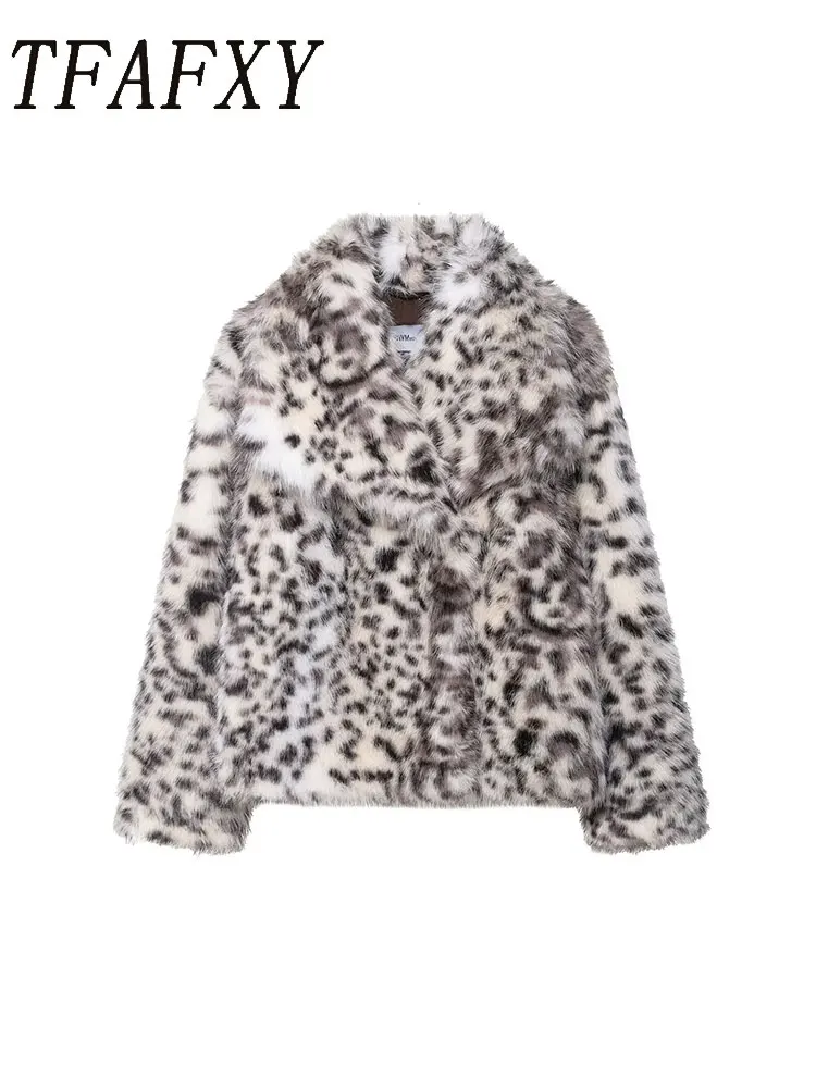 

TFAFXY Vintage Leopard Faux Fur Jackets Women Lapel Long Sleeve Thick Warm Coats Fashion 2025 Autumn Winter Streetwear Outwear