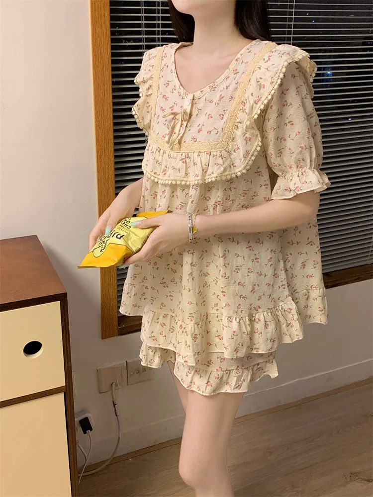 Sweet Print Flowers Lace Princess Real images Summer Short Sleeve Pajama Set Women Loose 100%Cotton Soft Elegant Sleepwear Ins