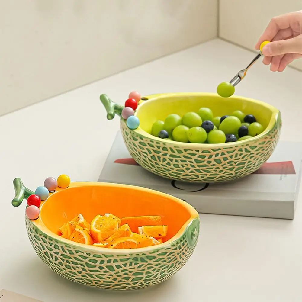 Ceramics Fruit Bowl with Fork Hami Melon Shape Large Capacity Fruit Serving Plate with 6 Fruit Fork Comfortable Grip