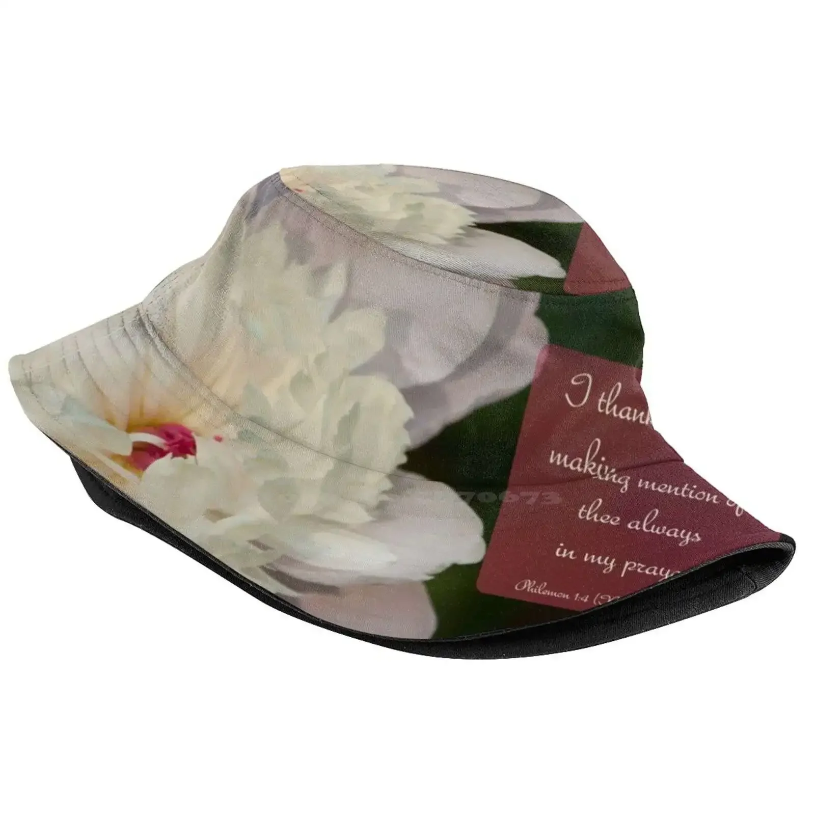 Philemon 1:4 (King Version) Sun Cap Fisherman Hat Bucket Hats Peony Flower God Religion Spiritual Bible Biblical Verse