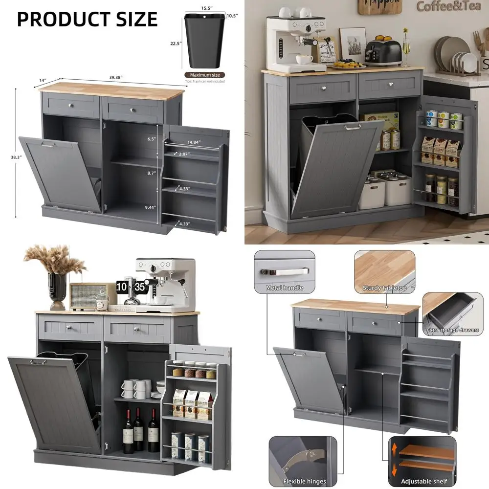

Grey Freestanding Kitchen Trash Cabinet with Hidden Recycling and Pantry Storage