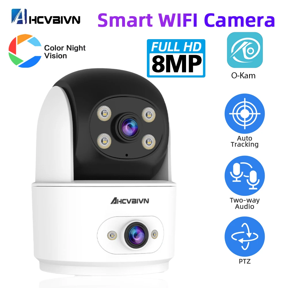 4K Dual Lens WiFi IP Camera Dual Screen for Baby Monitoring and Home Security PTZ Auto Tracking Wireless CCTV Video Surveillance