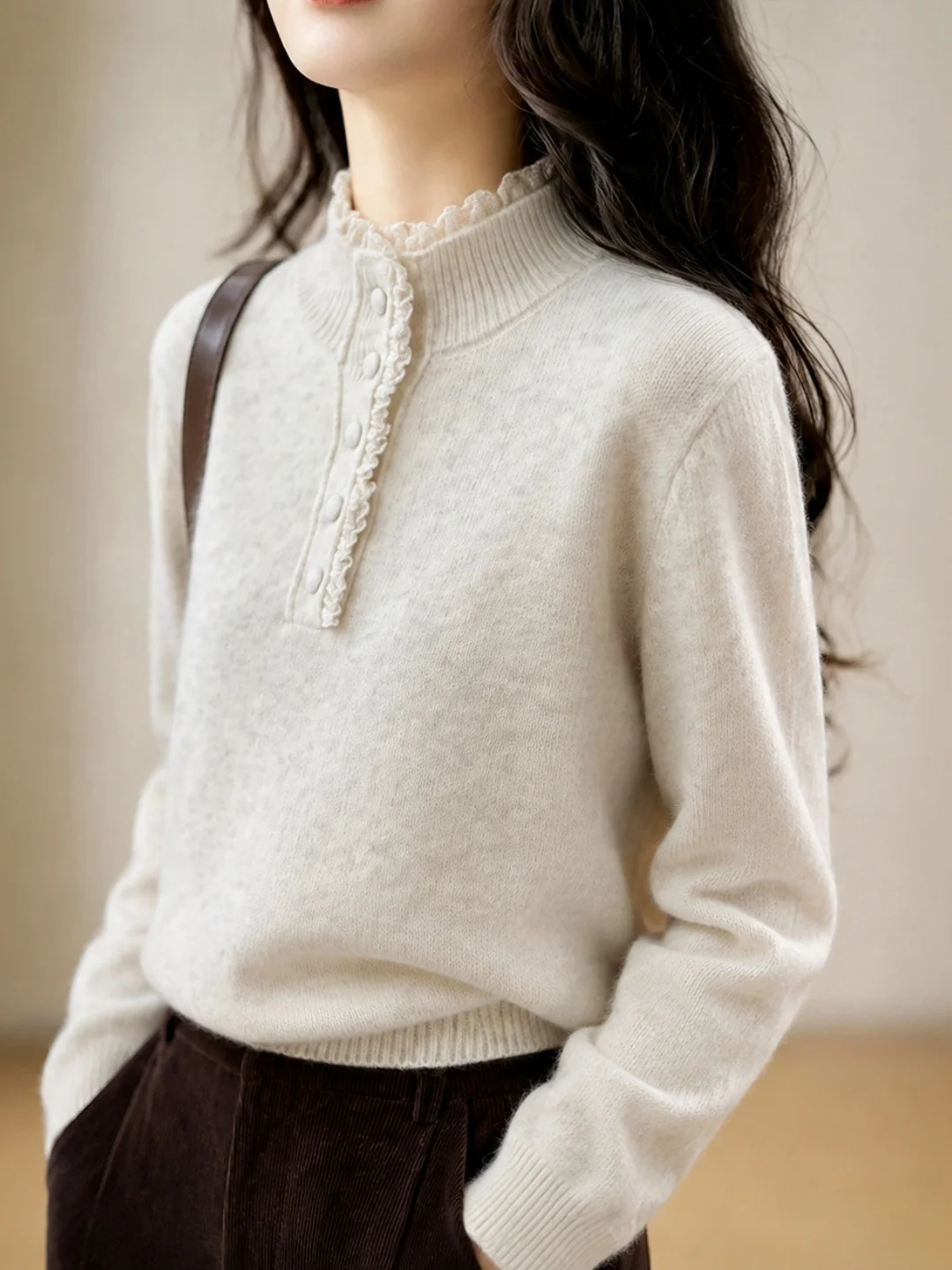 Lace Trim Knitted Sweater Long Sleeve Women's Style Lazy Fashion Soft Korean Version Straight Cut Daily Wear Autumn New Arrival