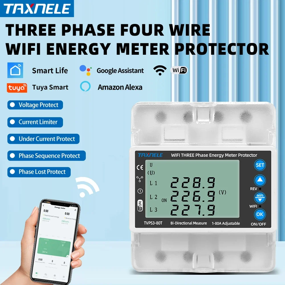 3 phase 380V Tuya WIFI Smart Bidirectional Energy Meter Over Under Voltage Protector Relay Switch Current Limiter Smart Life