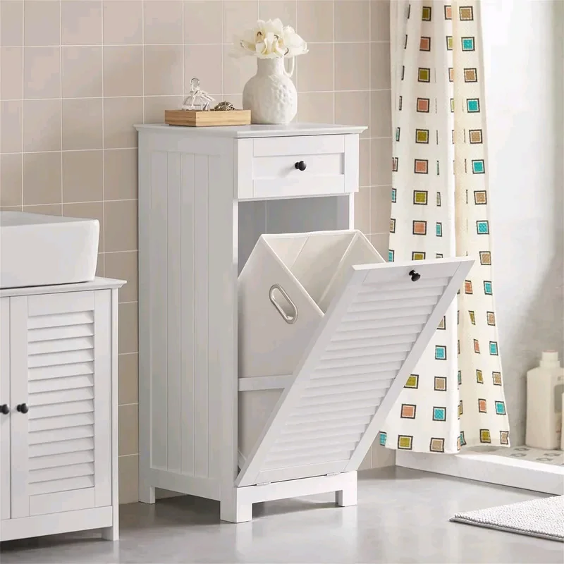 ！@Combohome White Bathroom Wood Laundry Basket Laundry Cabinet with Drawer