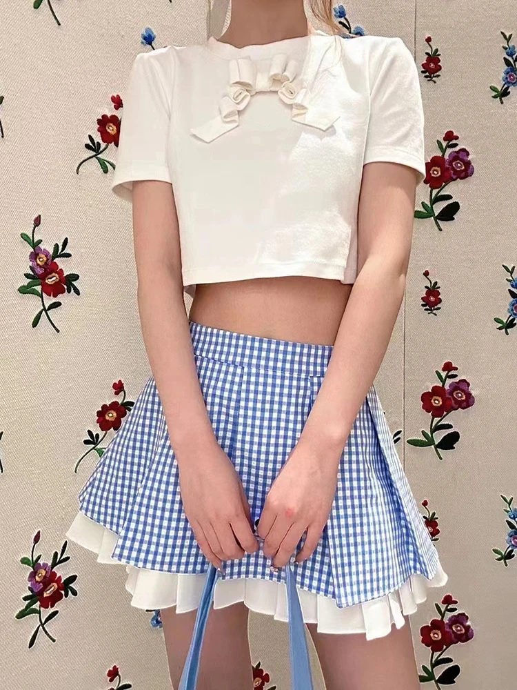 Blue Plaid Low Waist Half Skirts Elegant Temperament Pleated Layered Style Women's Skirt Double A-line Skirt 2024 Summer New