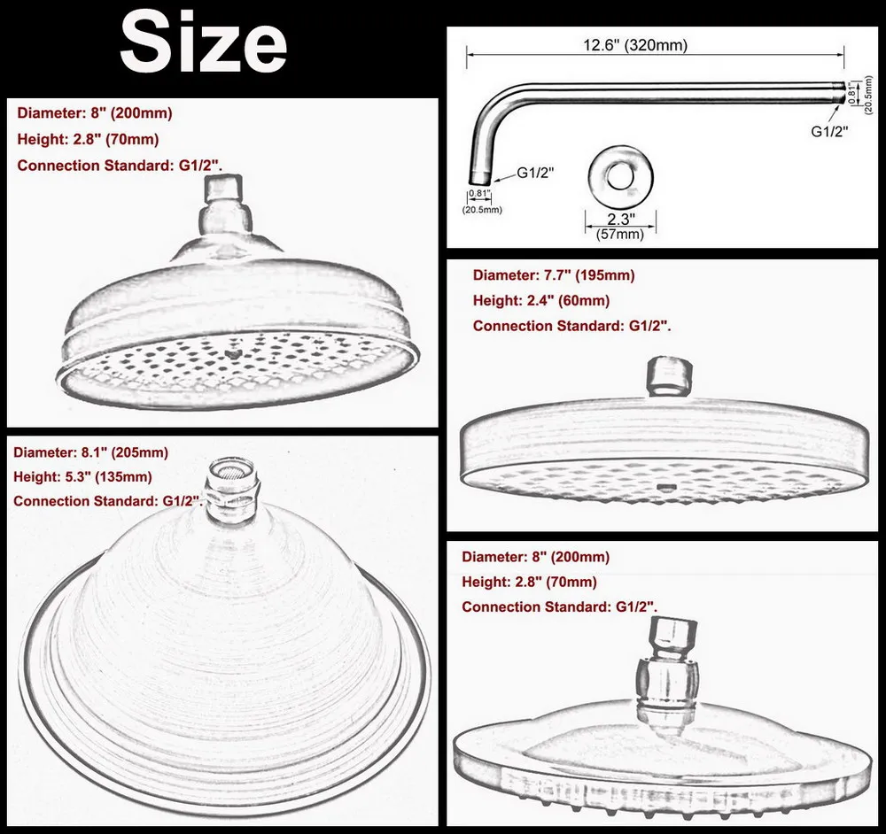 Polished Gold Shower Head 8Inch Round Rainfall Shower Head Shower Arm Water Saving Hand Held Shower Head Spray 1.5 M Shower Hose