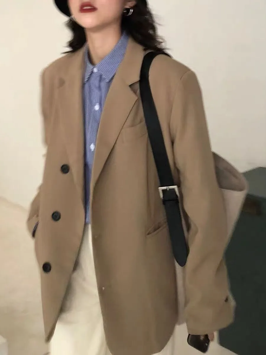 

Корейский костюм Bla, свободный крой, костюм на одной пуговице, куртка для женщин, весна-осень, хаки, белая студенческая верхняя одежда, пальто