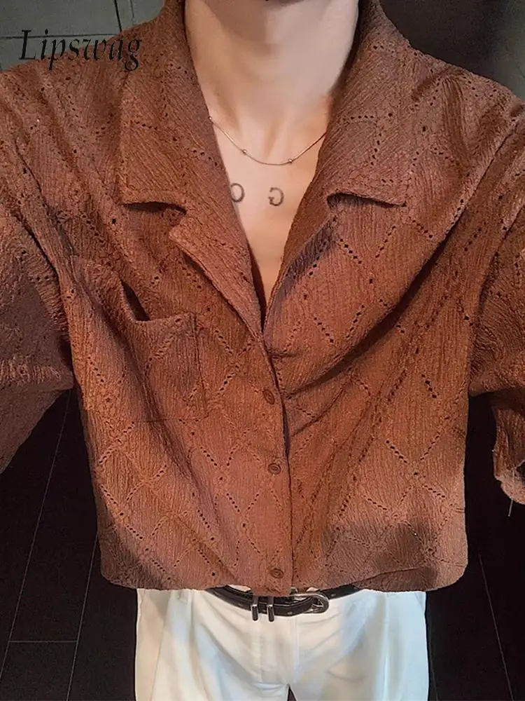 Vintage Hollow Out Knitted Shirts Mens Fashionable Short Sleeve Buttoned Turn-down Collar Shirt Summer Men Casual Knit Cardigans