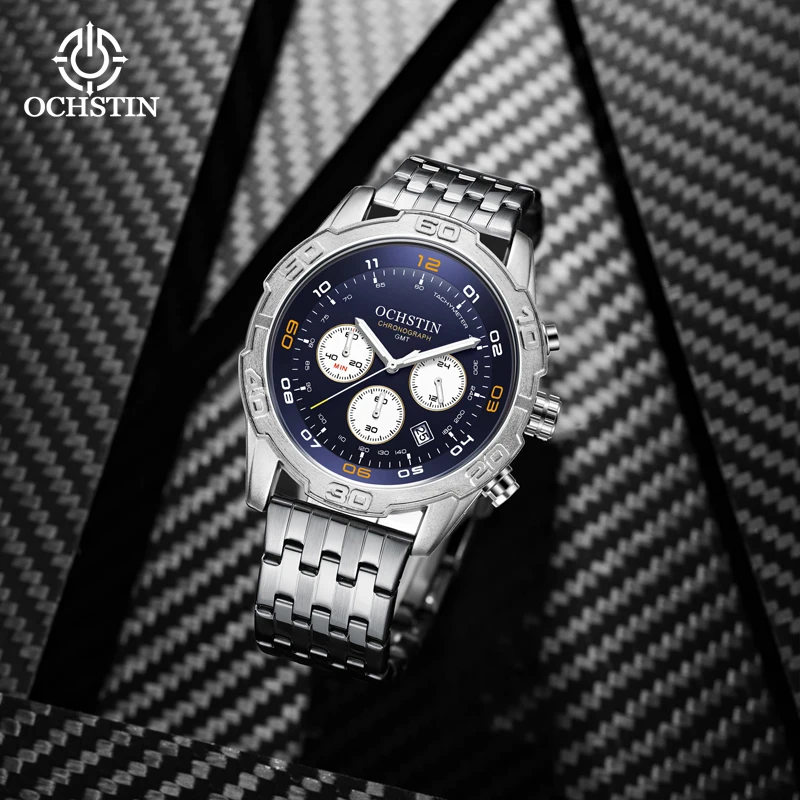 OCHSTIN Pilot Series Men Multifunctional Quartz Watch Alloy Case Stainless Steel Strap Waterproof Aviator Casual Male Wristwatch
