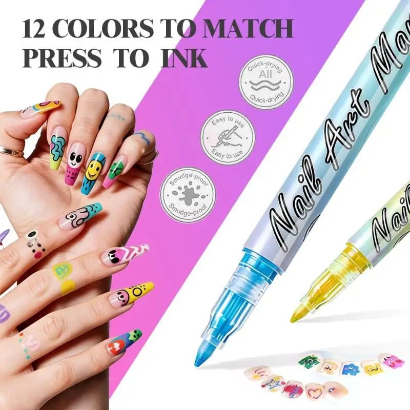 New 12Pcs/Set Colourful Waterproof Nail Art Graffiti Pen DIY 3D Nail Art Drawing Pen Abstract Line Manicure Tool Painting Liner