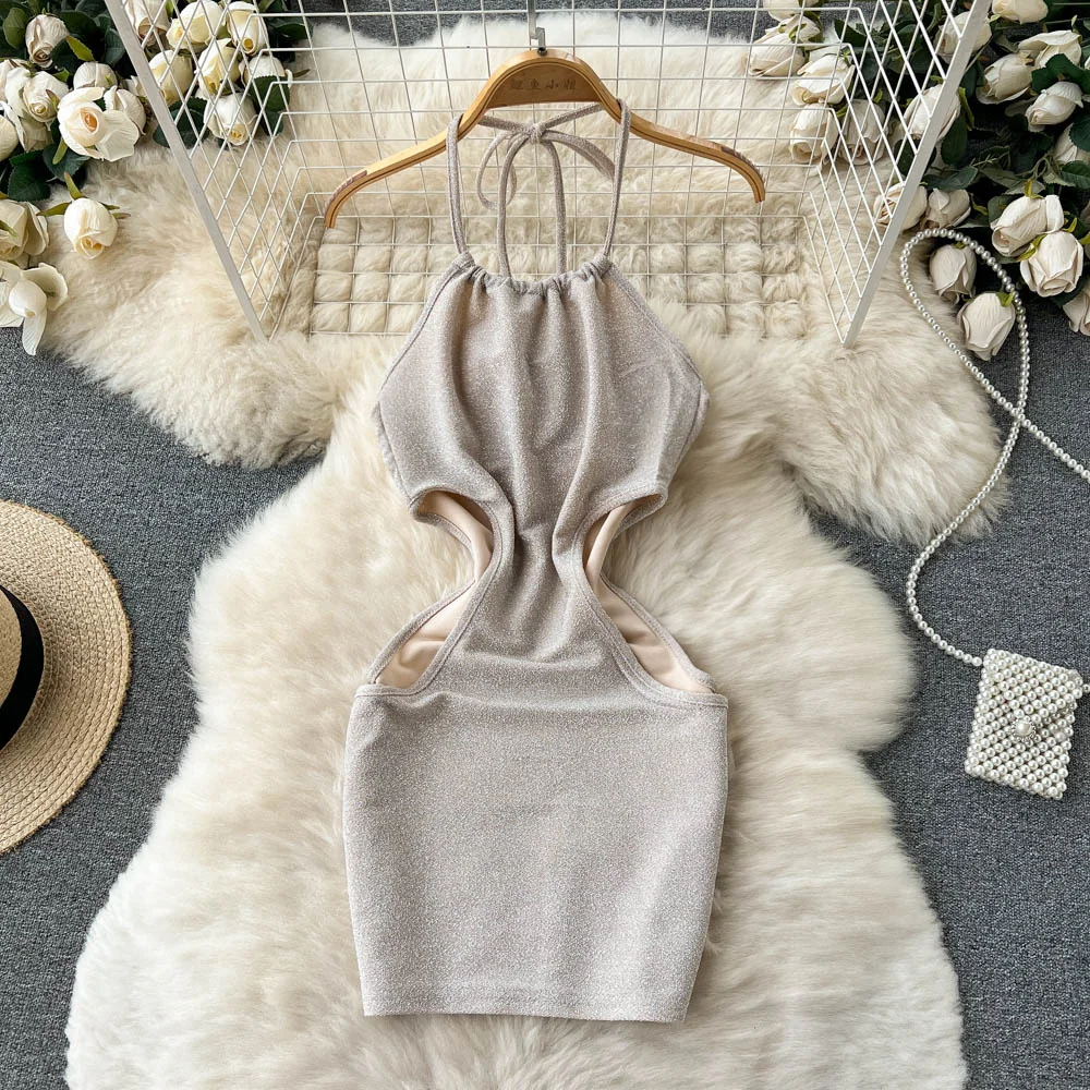 

Nightclub Women's Sexy Sleeveless Halter Dress Ins Fashion Hot Cut-out Waist Backless Short Dress Girl's Mini Club Dresses