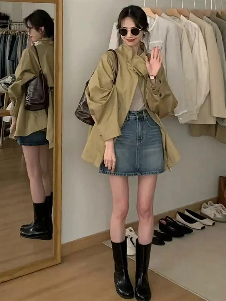 Retro Short Khaki Color Stand Collar Women's Jacket Fashionable Versatile Korean Style Commute Long Sleeve Zipper Coat