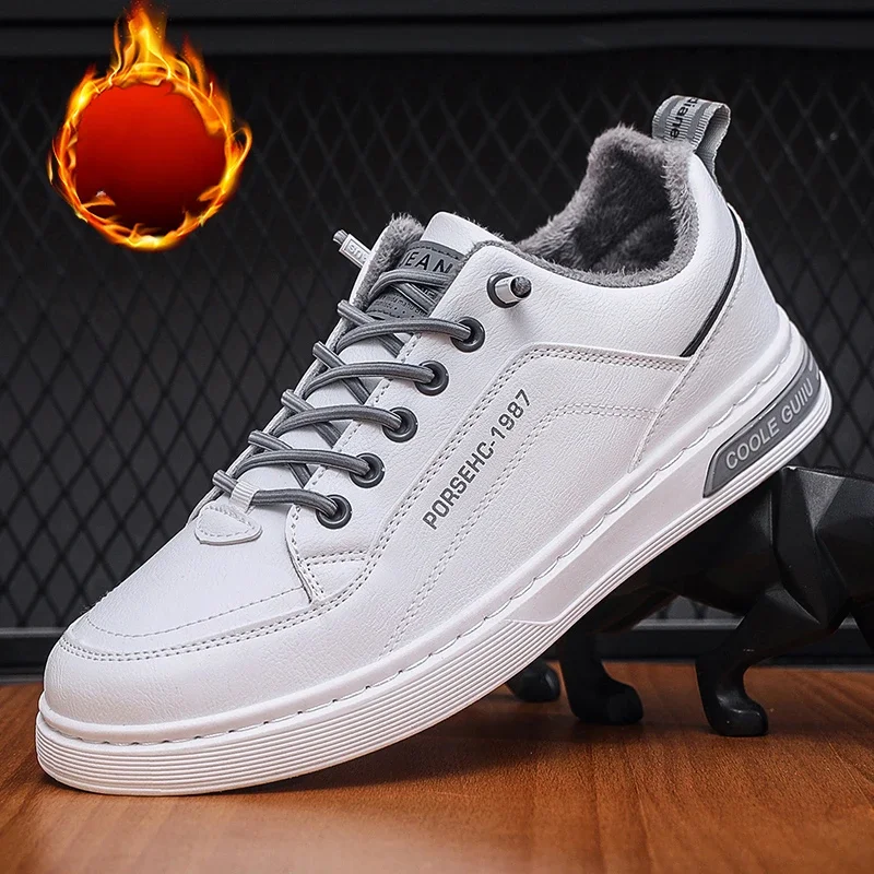 

Men's Winter Leather Small White Shoes Fashionable and Warm Board Shoes Cotton Thickened Walking Casual Sports Flat Shoes Model