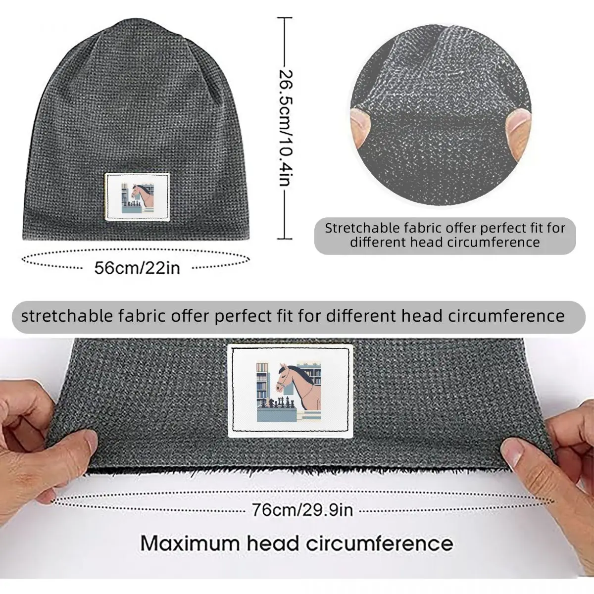 Chess & Horse Waffle Knit Fleece Lined Beanie with PU Leather Patch Unisex Warm Winter Soft Cap
